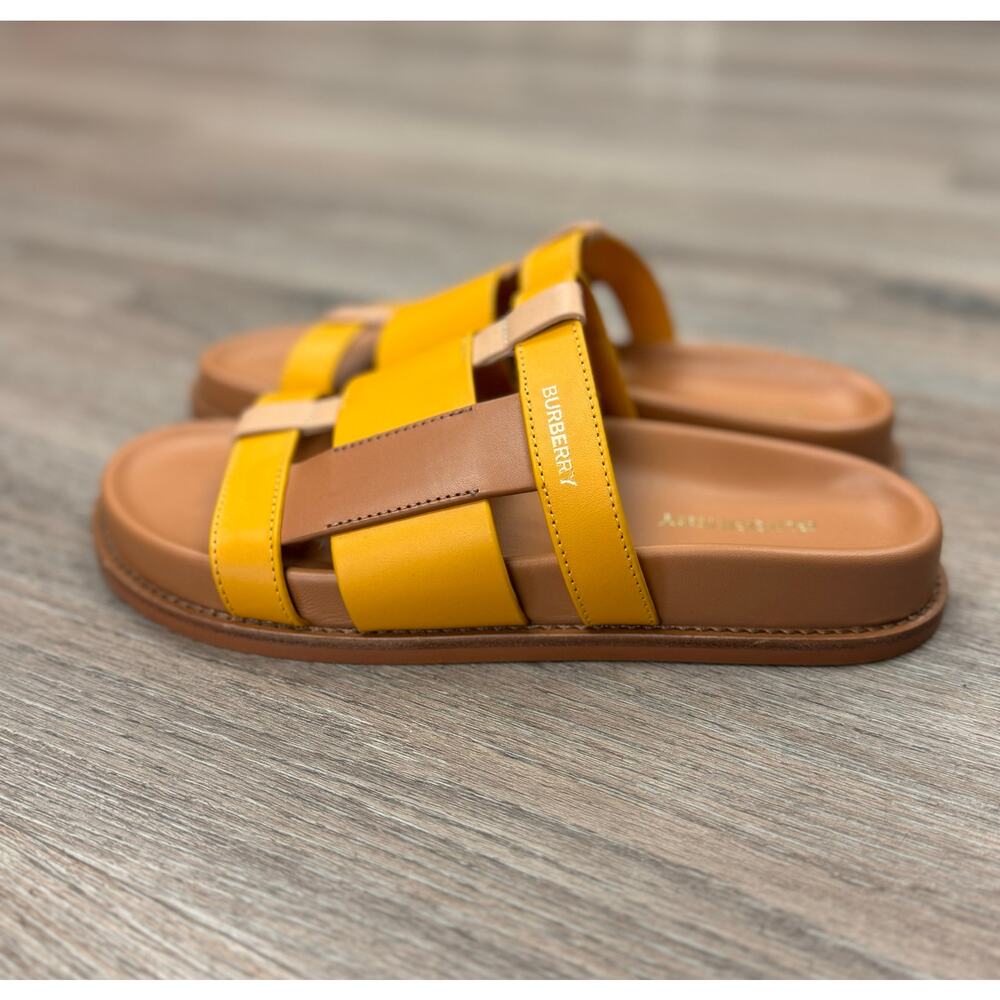 BURBERRY Yellow & Tan Thelma Color Block Leather Slides Sandals Sz. 37 MRSP $790 - Picture 4 of 8